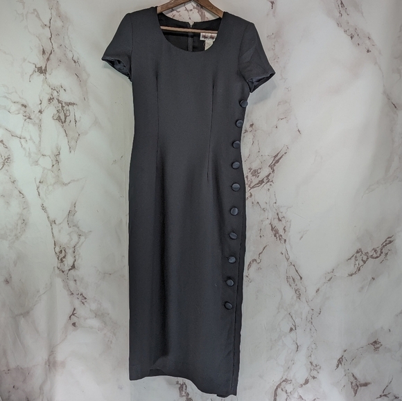 Vintage 90s Dress Womens 6 Small Black Midi Button Short Sleeve Minimalist 80s - Picture 1 of 10